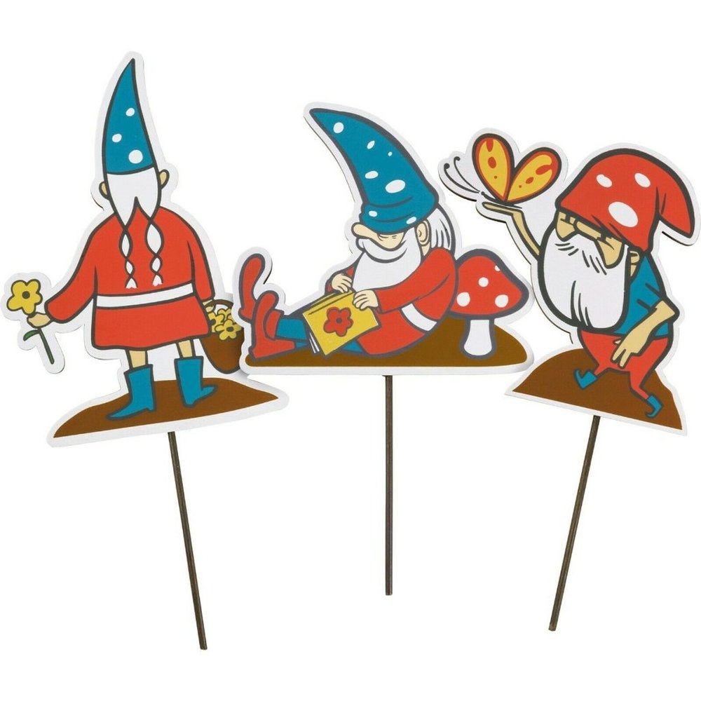 Primitives by Kathy Gnome Garden Pick Set 3 Signs Spring Summer Decor Plant Fun